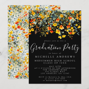 Invitation Gras Black Summer Floral Graduation Party