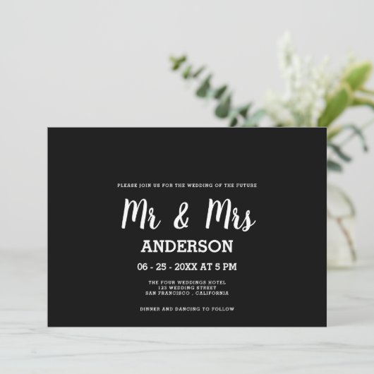 Invitation Gras blanc noir manuscrit M. MRS mariage (Debout devant)