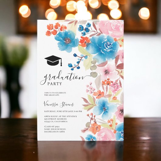 Invitation Gras bleu aquarelle fleurs graduation