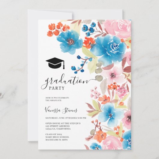 Invitation Gras bleu aquarelle fleurs graduation (Devant)