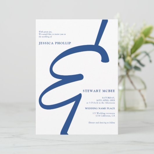 Invitation Gras bleu blanc tout en un mariage de calligraphie (Debout devant)