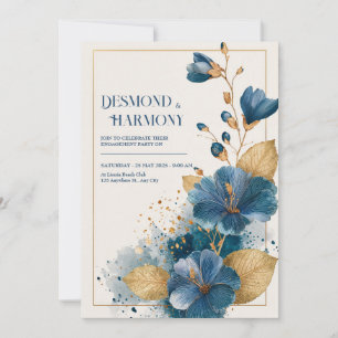 Invitation Gras bleu Hibiscus & Feuilles d'or Mariage