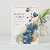 Invitation Gras bleu Hibiscus & Feuilles d'or Mariage (Debout devant)
