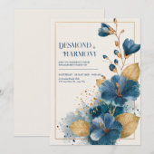 Invitation Gras bleu Hibiscus & Feuilles d'or Mariage (Devant / Derrière)