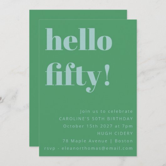 Invitation Gras Bleu Vert mignonne Simple moderne 50e anniver (Devant / Derrière)