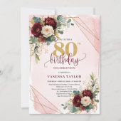 Invitation Gras Boho Deep Red Gold Flowers 80e anniversaire (Devant)
