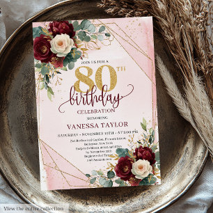 Invitation Gras Boho Deep Red Gold Flowers 80e anniversaire