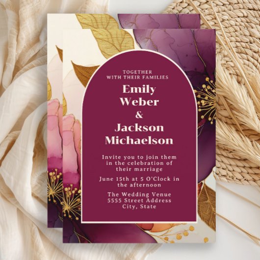 Invitation Gras Burgundy Plum Gold Floral Arch Mariage
