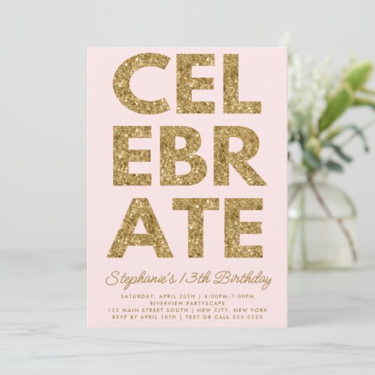 Invitation Gras CÉLÉBRER Parties scintillant or Anniversaire (Debout devant)