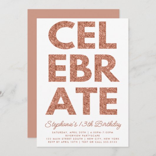 Invitation Gras CÉLÉBRER Rose Parties scintillant or Annivers (Devant / Derrière)