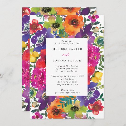 Invitation Gras Fiesta Fleurs colorées Mariage d'été (Devant / Derrière)