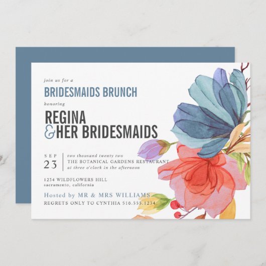 Invitation Gras Fleur sauvage Blue Bridesmaitres Brunch Lunch (Devant / Derrière)