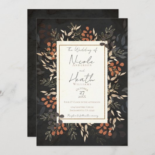 Invitation Gras Floral Feuille Gris Mariage or  (Devant / Derrière)