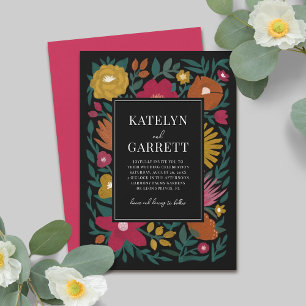 Invitation Gras Florals Magenta Orange Mariage noir