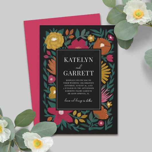Invitation Gras Florals Magenta Orange Mariage noir