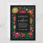 Invitation Gras Florals Magenta Orange Mariage noir (Devant)