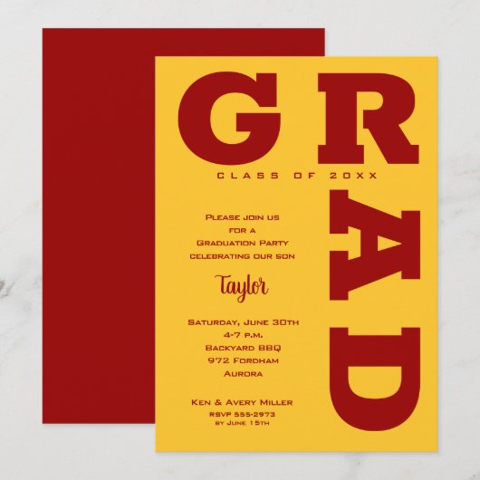 Invitation Gras GRAD Cardinal Red Gold Graduation (Devant / Derrière)