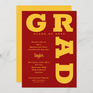 Invitation Gras GRAD Gold sur Cardinal Red Graduation