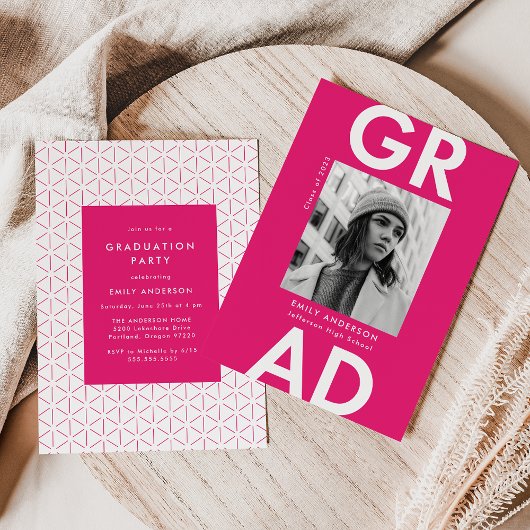 Invitation Gras Grad Hot Pink Photo Party Graduation