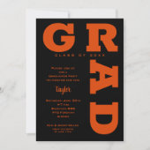 Invitation Gras GRAD Orange sur la Graduation Noire (Devant)