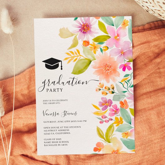 Invitation Gras jardin aquarelle fleurs graduation