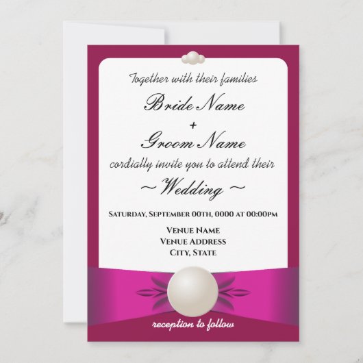 Invitation Gras Magenta Pearl Ribbon Mariage & Réception (Devant)