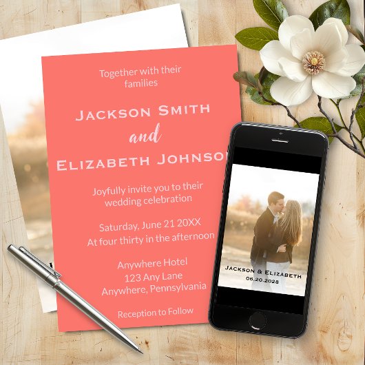Invitation Gras moderne Coral et Mariage photo rose