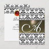 Invitation GRAS NOIR BLANC DAMASK GEM MONOGRAM rsvp argent (Devant / Derrière)
