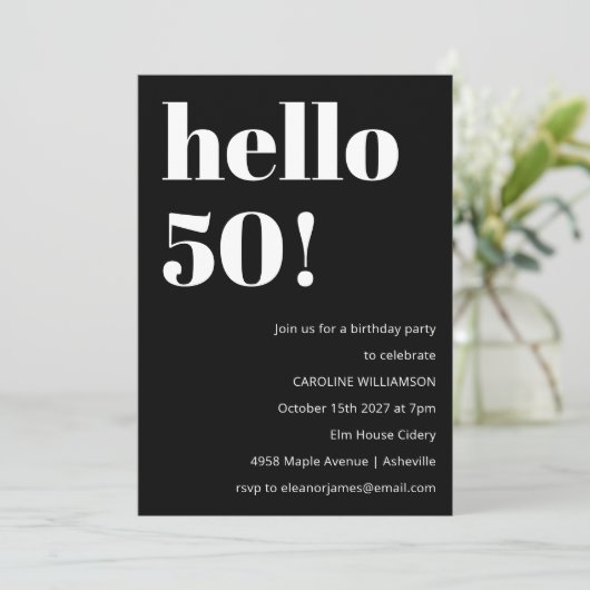 Invitation Gras Noir Blanc Moderne Chic 50e fête d'anniversai (Debout devant)