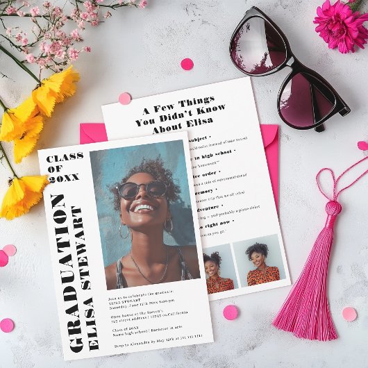 Invitation Gras Noir et Blanc Moderne 4 photos Graduation