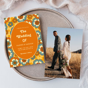 Invitation Gras Orange Fleurs Retro les années 70 Mariage pho