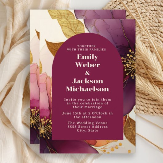 Invitation Gras Plum Gold Floral Arch Mariage