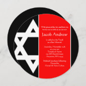 Invitation Gras Red Black Star de David Round Bar Mitzvah (Devant / Derrière)