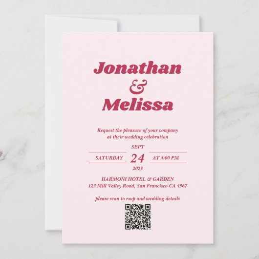 Invitation Gras Retro Chic Viva Magenta Pink QR Code Mariage (Devant)
