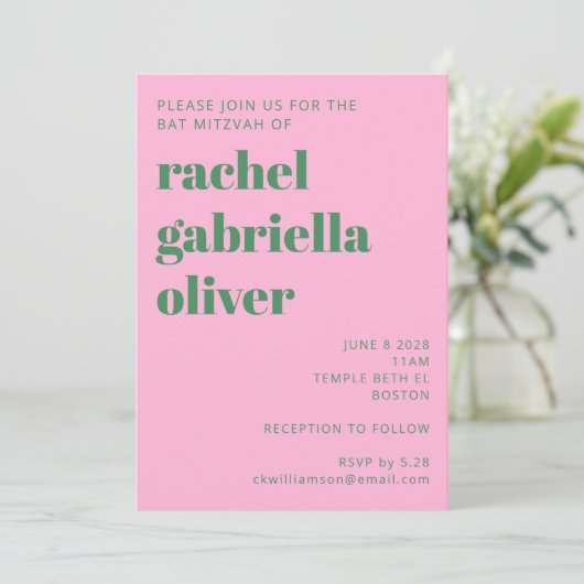 Invitation Gras Retro rose et vert Simple Bat mitzvah (Debout devant)