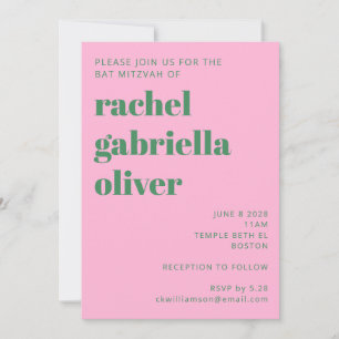 Invitation Gras Retro rose et vert Simple Bat mitzvah