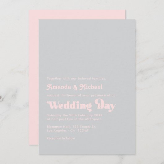 Invitation Gras Retro Typographie Blush et Grey Mariage (Devant / Derrière)