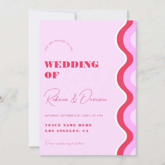 Invitation Gras Retro Wave rose et rouge photo QR Code Mariag (Devant)