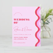 Invitation Gras Retro Wave rose et rouge photo QR Code Mariag (Debout devant)
