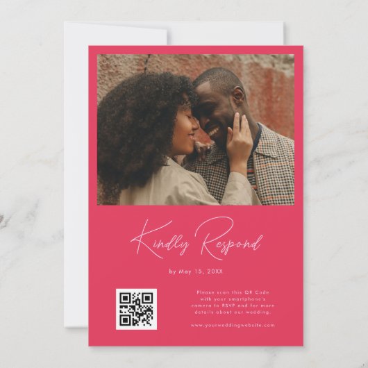 Invitation Gras Retro Wave rose et rouge photo QR Code Mariag (Dos)