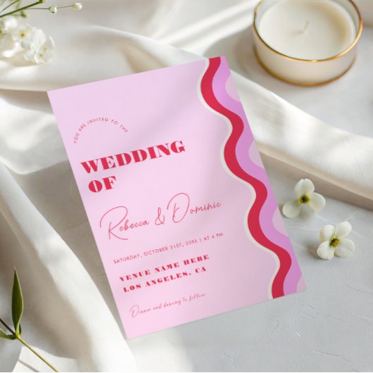 Invitation Gras Retro Wave rose et rouge photo QR Code Mariag