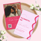 Invitation Gras Retro Wave rose et rouge photo QR Code Mariag