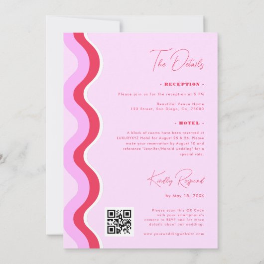 Invitation Gras Rétro Wave rose et rouge tout en un Mariage (Dos)