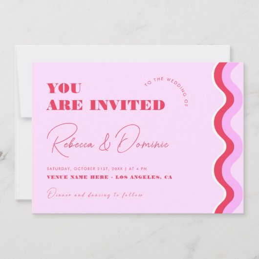 Invitation Gras Retro Wavy Curvy Stripes rose et rouge Mariag (Devant)
