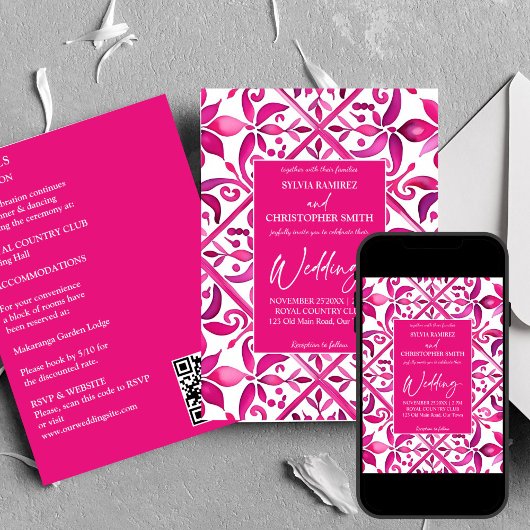 Invitation Gras rose magenta tuiles espagnoles tout en un mar
