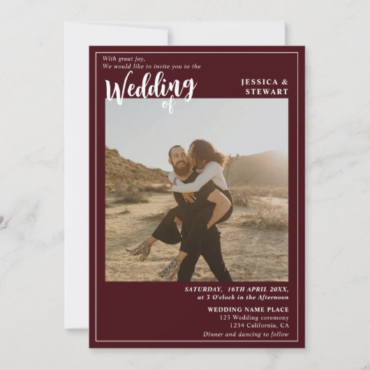 Invitation Gras rouge bordeaux mariage script photo code Qr (Devant)