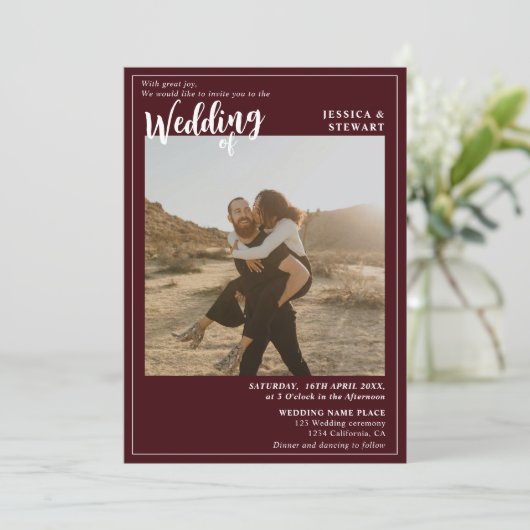 Invitation Gras rouge bordeaux mariage script photo code Qr (Debout devant)