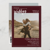 Invitation Gras rouge bordeaux mariage script photo code Qr (Devant / Derrière)