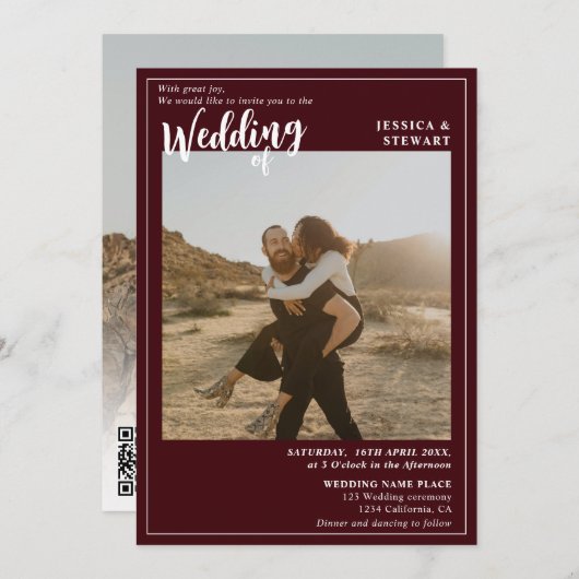 Invitation Gras rouge bordeaux mariage script photo code Qr (Devant / Derrière)