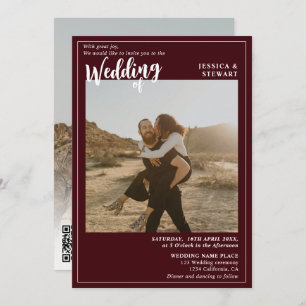 Invitation Gras rouge bordeaux mariage script photo code Qr